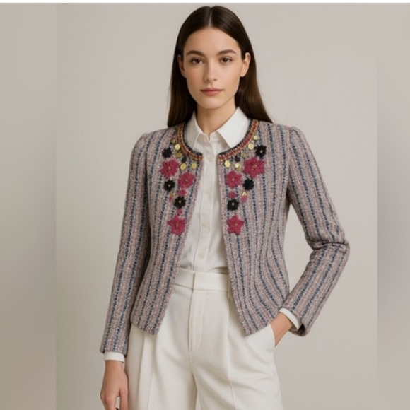 anthropologie Jackets & Blazers - Anthropologie Summer of Love Tweed Beaded Jacket Pink Blue Size Med Boho